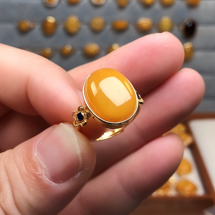 蜜蜡银S925镀金镶嵌戒指