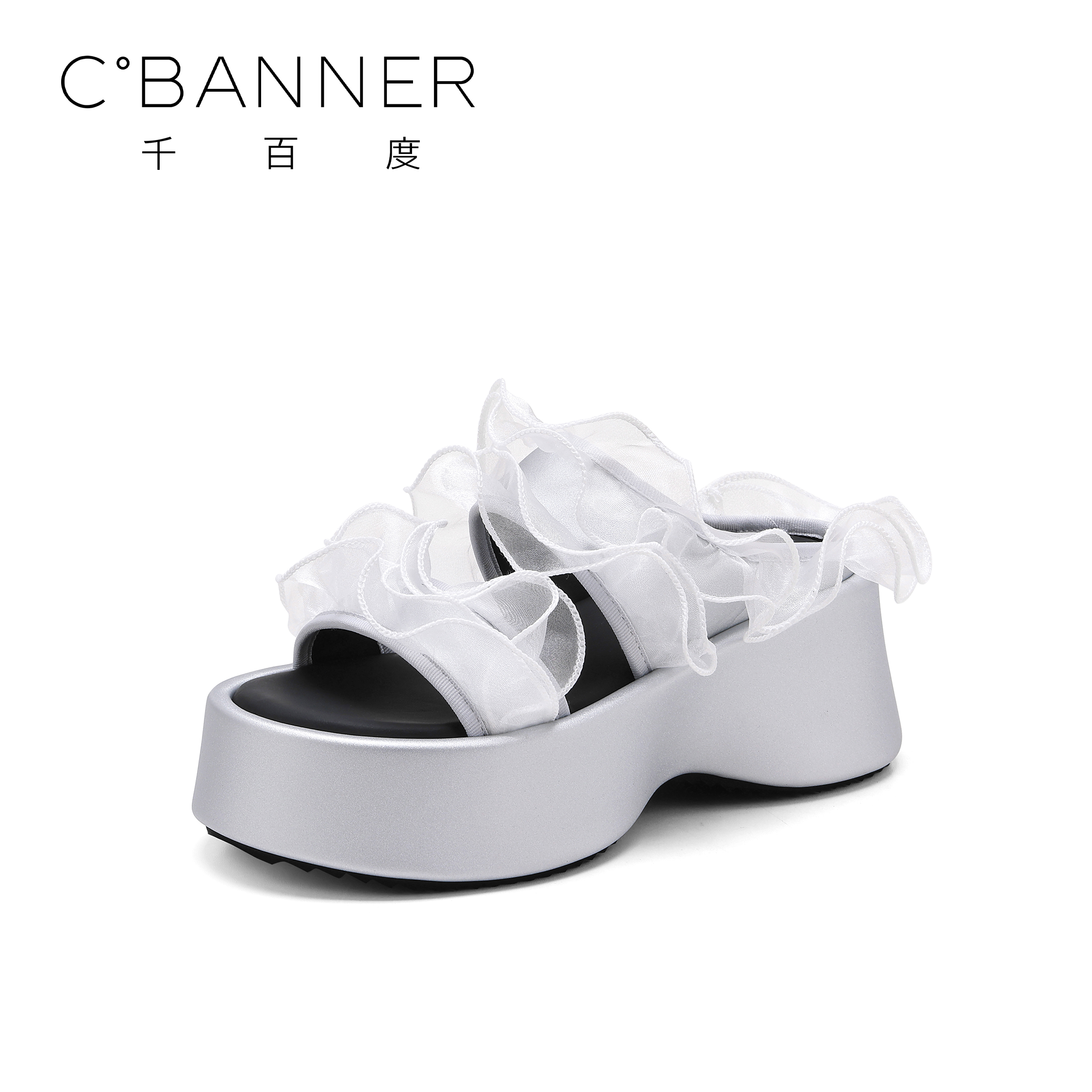C.BANNER/千百度厚底拖鞋2025新款仙女风蕾丝花边一字拖鞋沙滩鞋