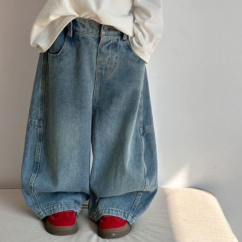 秋装新款男女童阔腿牛仔裤韩版洋气儿童宽松复古长裤休闲弯刀裤子