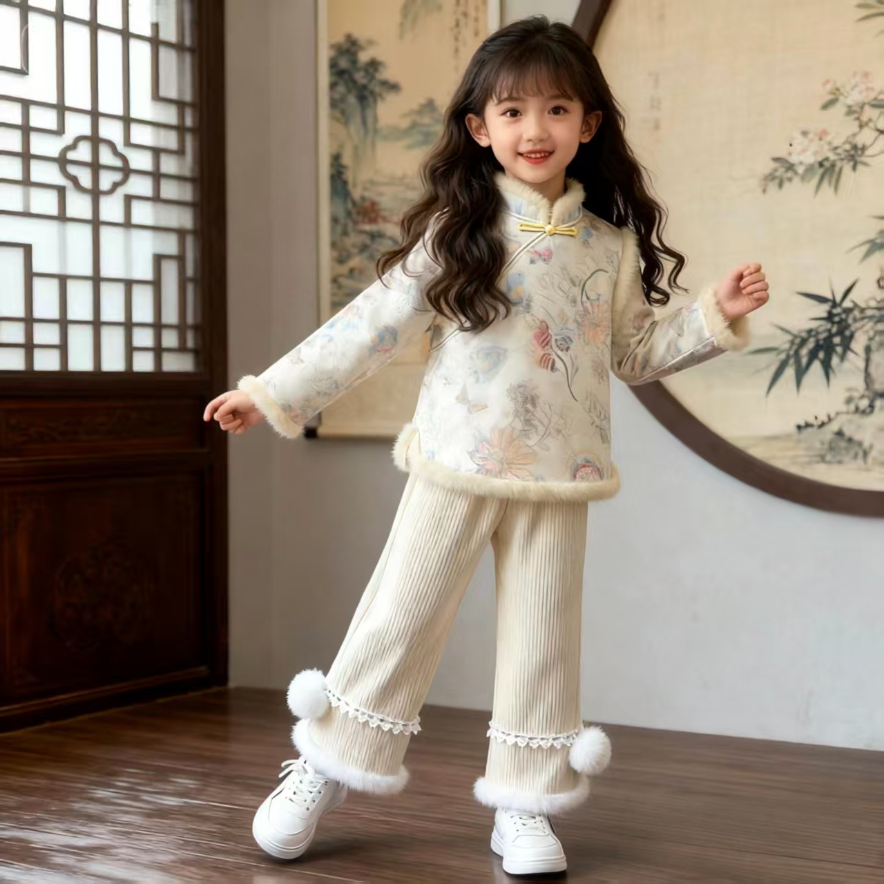 【31371】儿童2025新款时尚保暖米黄色暖绒裤