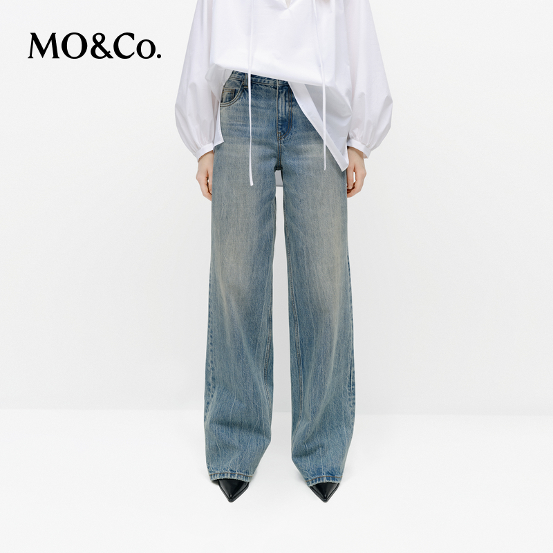 【陈大可专属】MOCO牛仔裤2025春手工洗磨抓痕及地阔腿裤MBE1JEN022
