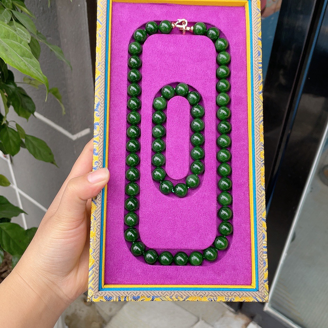 283191玉美人小程俄罗斯和田玉碧玉菠菜绿圆珠项链圆珠套件