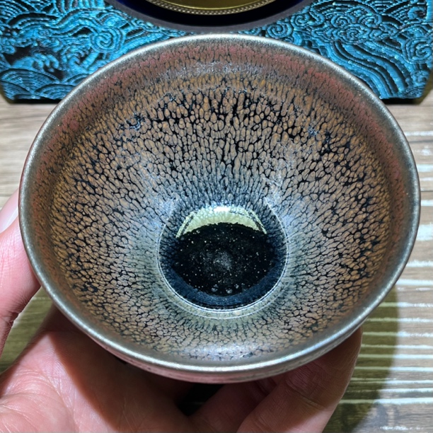 建阳建盏陶瓷茶杯名家陈贤建孔夫寺柴烧银光金油滴手工主人杯盏杯