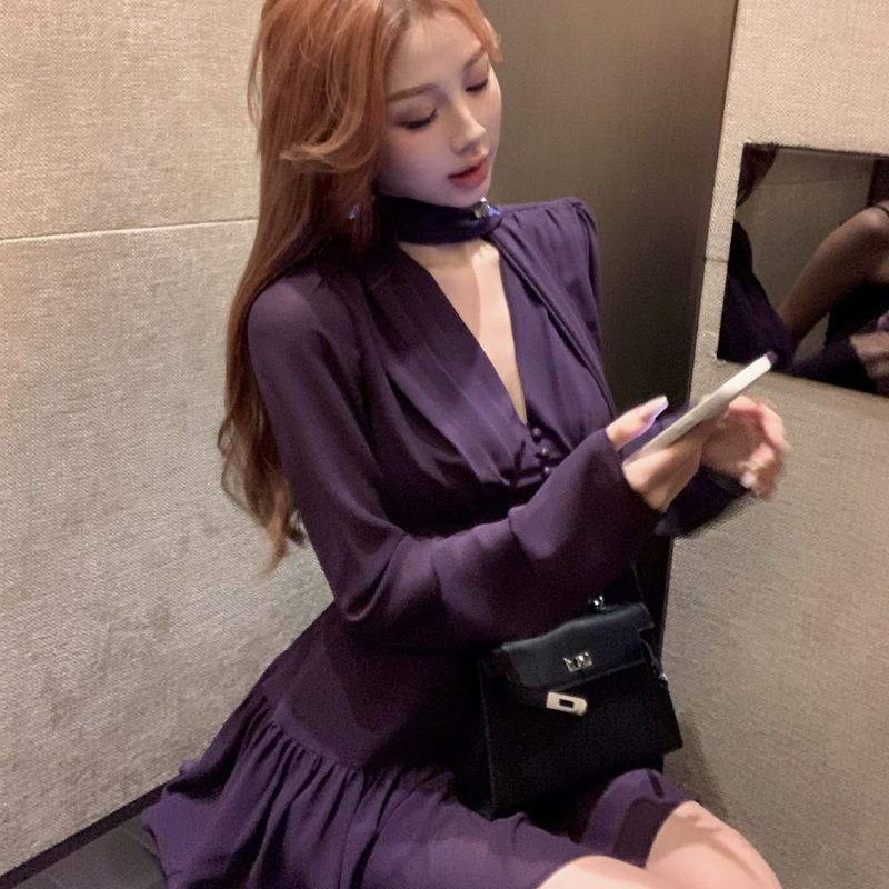 pinkmoon||紫色v领长袖雪纺连衣裙女气质短裙御姐轻熟风收腰a字裙