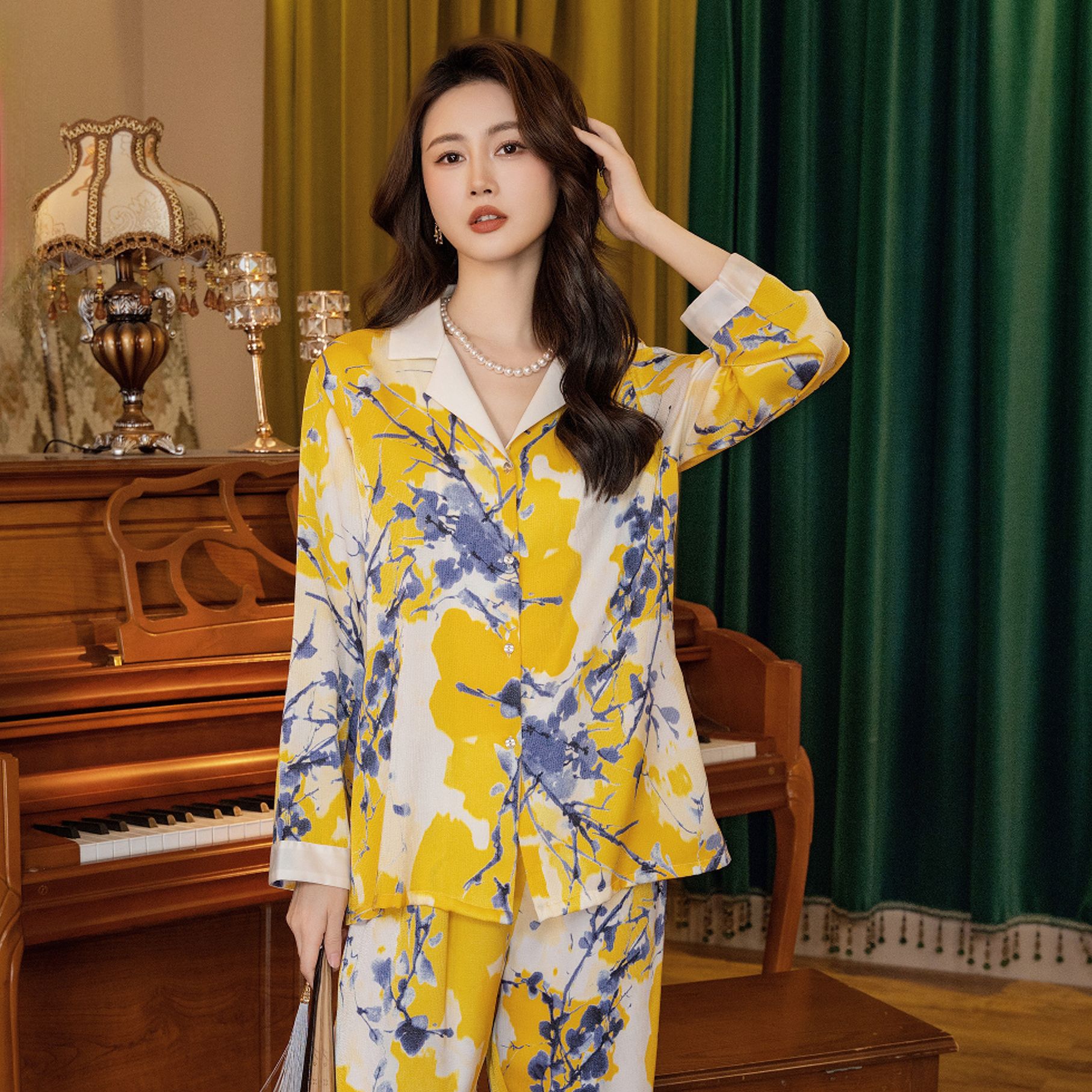 达芬奇密码轻奢高定印花黄梅戏春秋透气可外出睡衣女家居服套装