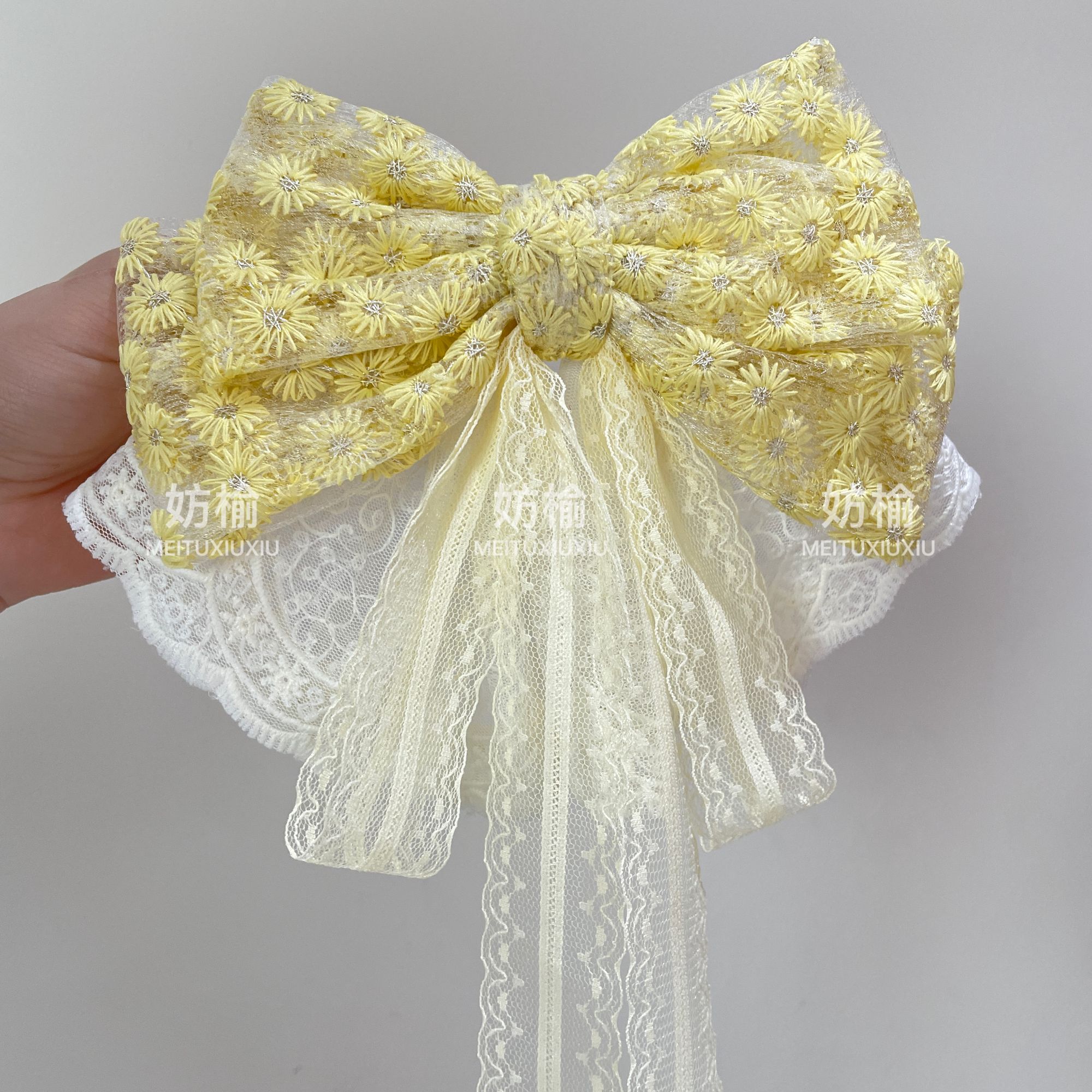 甜美超仙小雏菊大版蝴蝶结发夹原创设计女后脑勺一字夹纯手工发饰