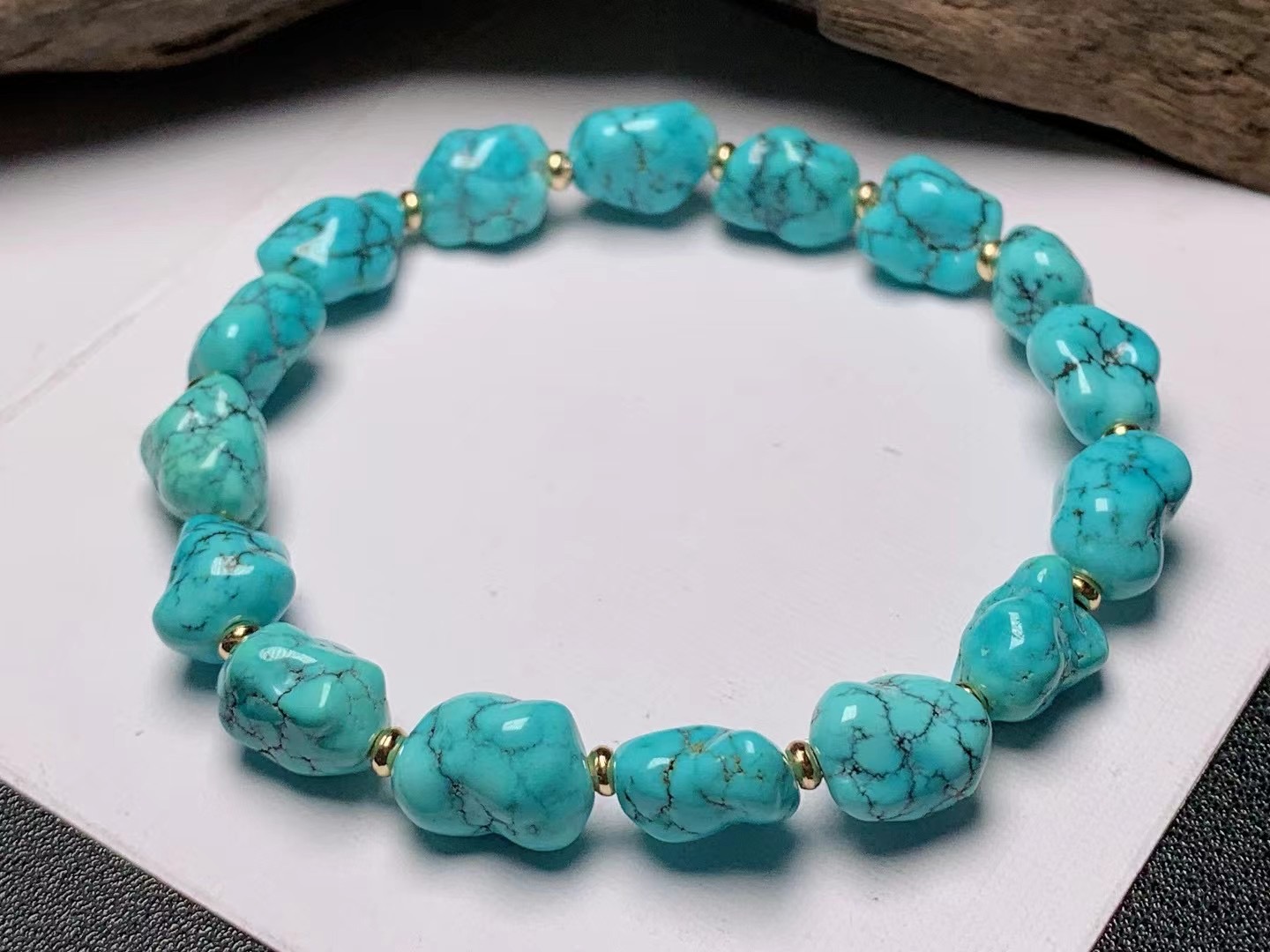 精品原矿高瓷蓝绿松石随形手串，瓷度好，体型规整，直径7.5-8.5mm