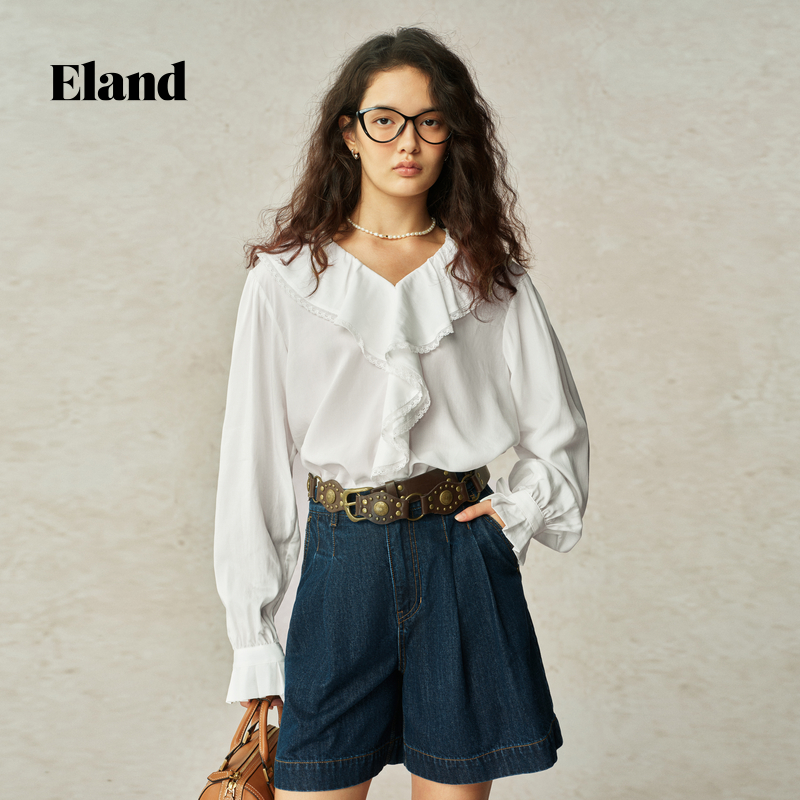 Eland衣恋气质简约女士波浪花边衬衫长袖高级感穿搭EEYWF49M06