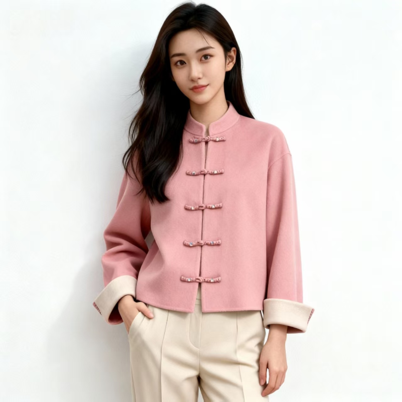 秋冬新款新中式盘扣短款羊毛大衣外套时尚加厚