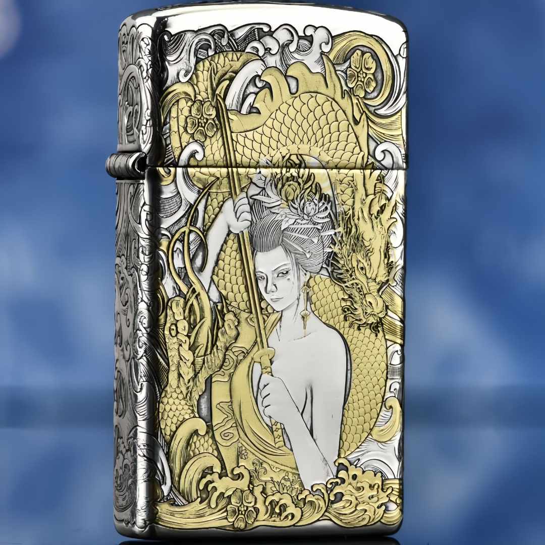 ZIPPO打火机XZ包银鎏金窄机黑武士龙女DYJ1