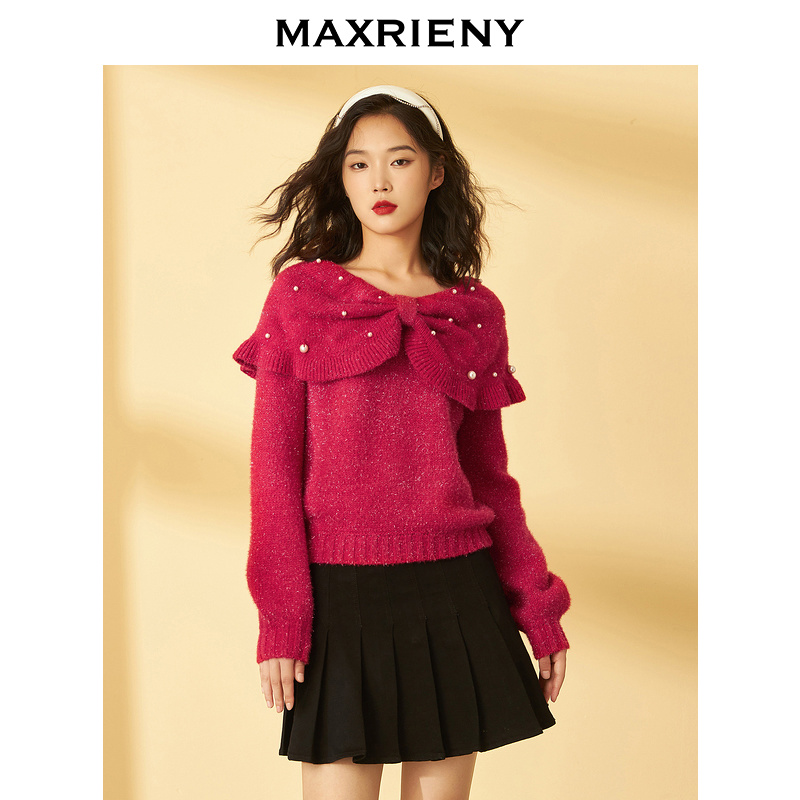 【KK专属】MAXRIENY蝴蝶结领针织毛衫冬季复古毛针织披肩领毛衣女