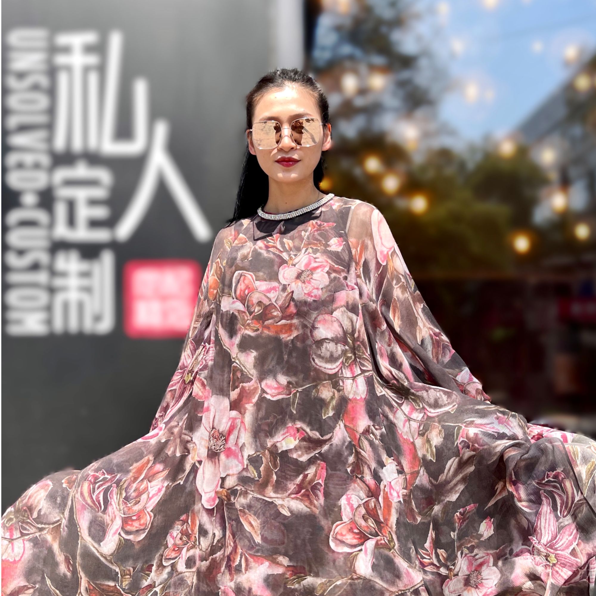 UNSOLVED CUSTOM/未解黑底花乔其纱夏季双纱大摆袍子长裙