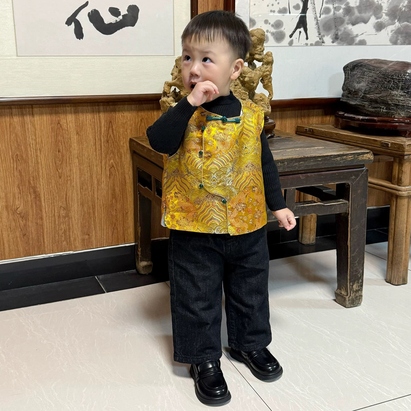 秋冬新款新中式儿童国风唐装马甲男童女童夹棉织锦缎坎肩周岁服