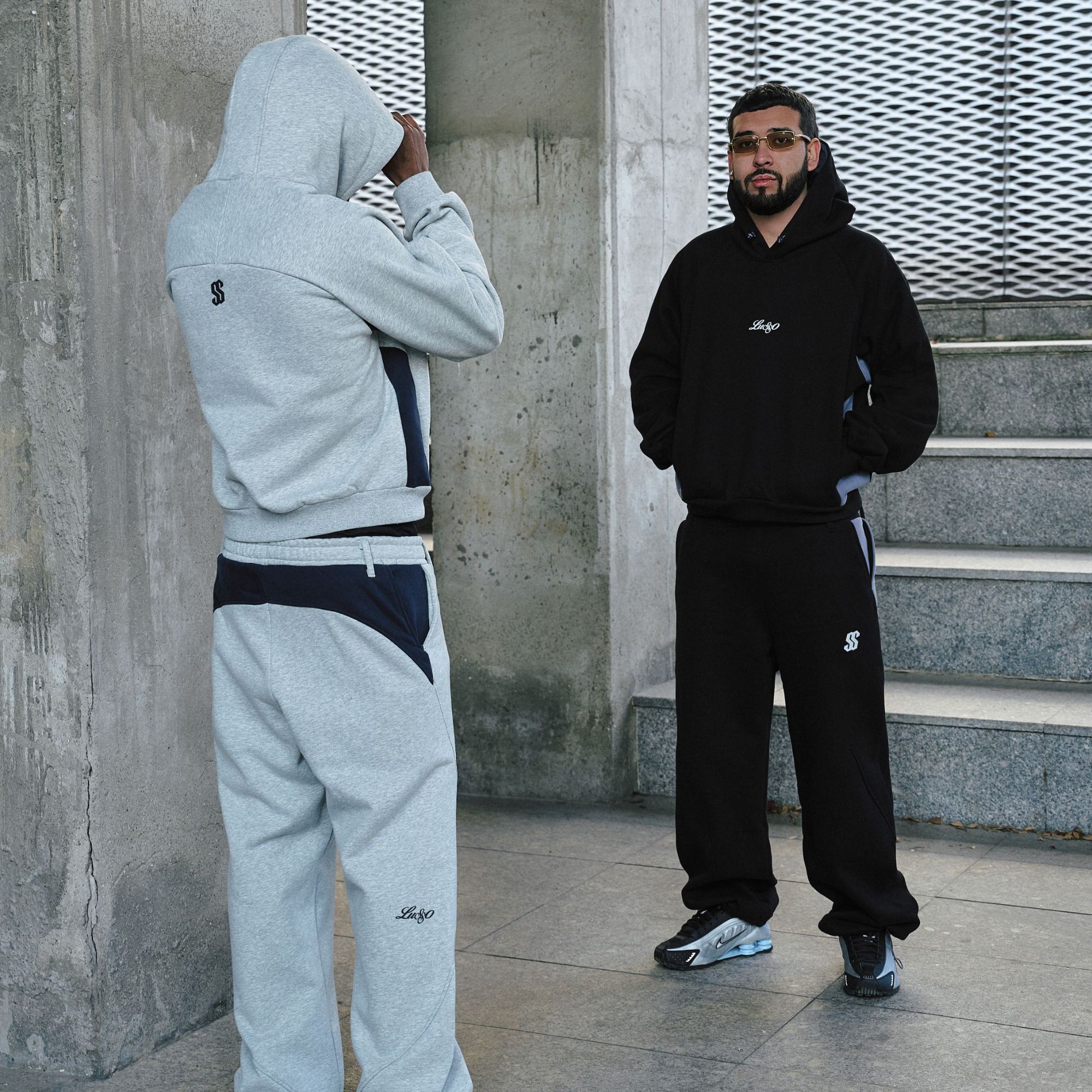 LUSSO 美式街头风立体裁剪拼接重磅纯棉刺绣连帽卫衣运动套装