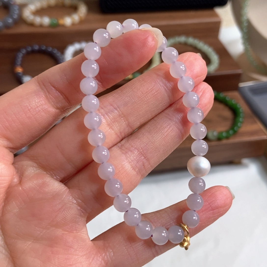 和田玉手链银S925镶嵌6mm浅冰烟紫福利