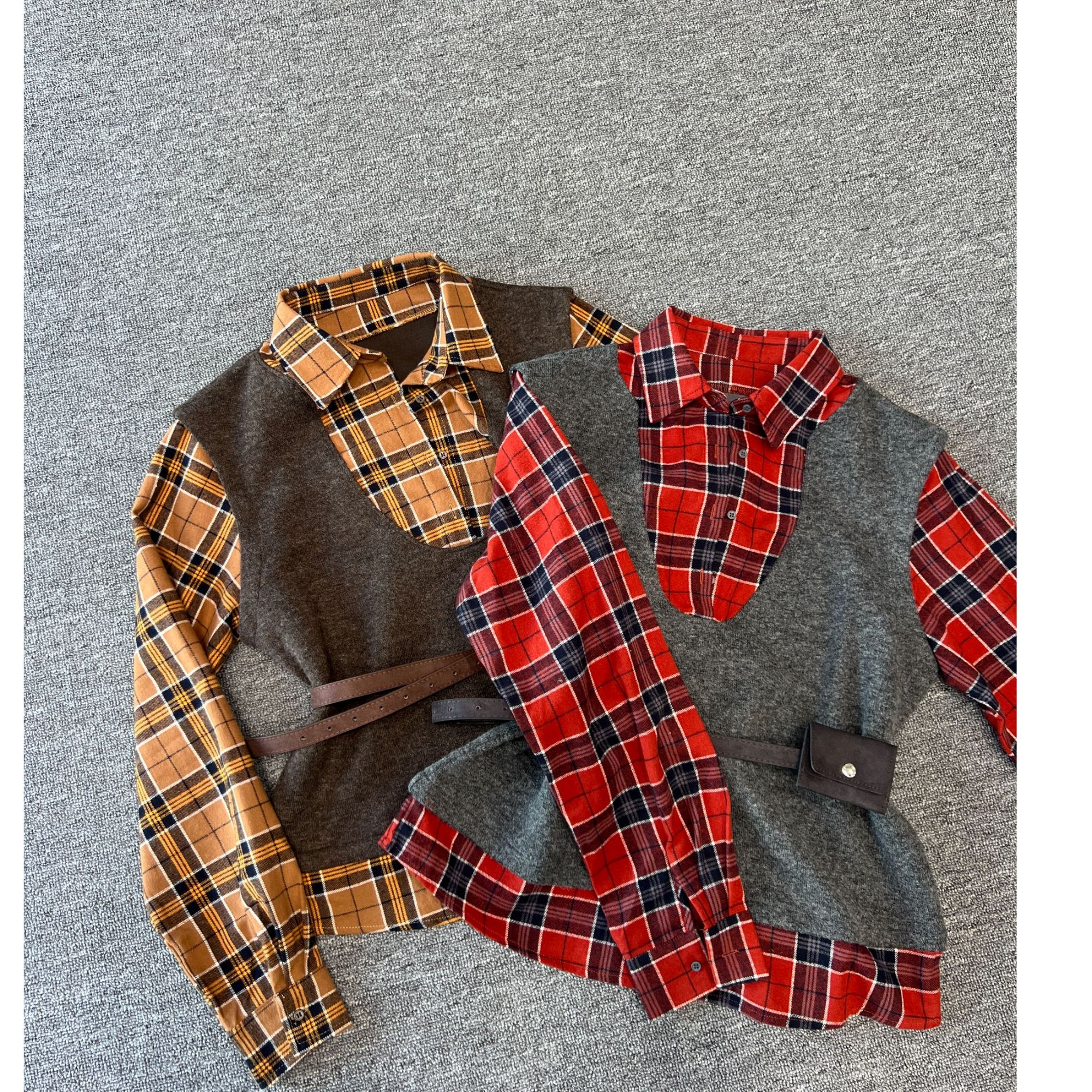 A77331复古港风假二件秋季格子衫减龄女