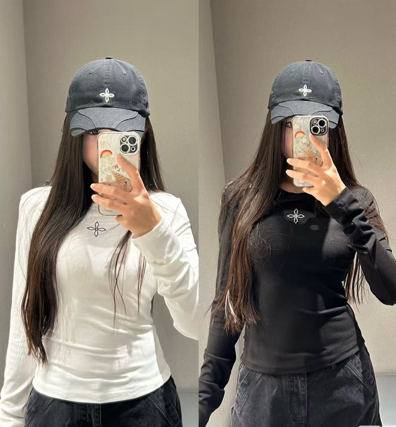 经典十字花醋酸修身上衣 黑白两色纯色长袖T恤衫修身显瘦