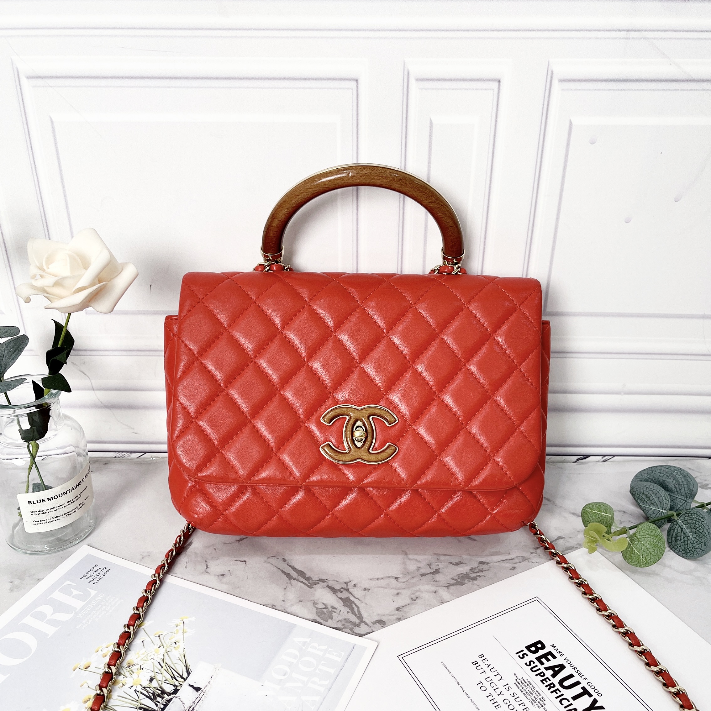 95新 Chanel/香奈儿 Chanel/香奈儿季节限定桔色梨花木手柄方胖包