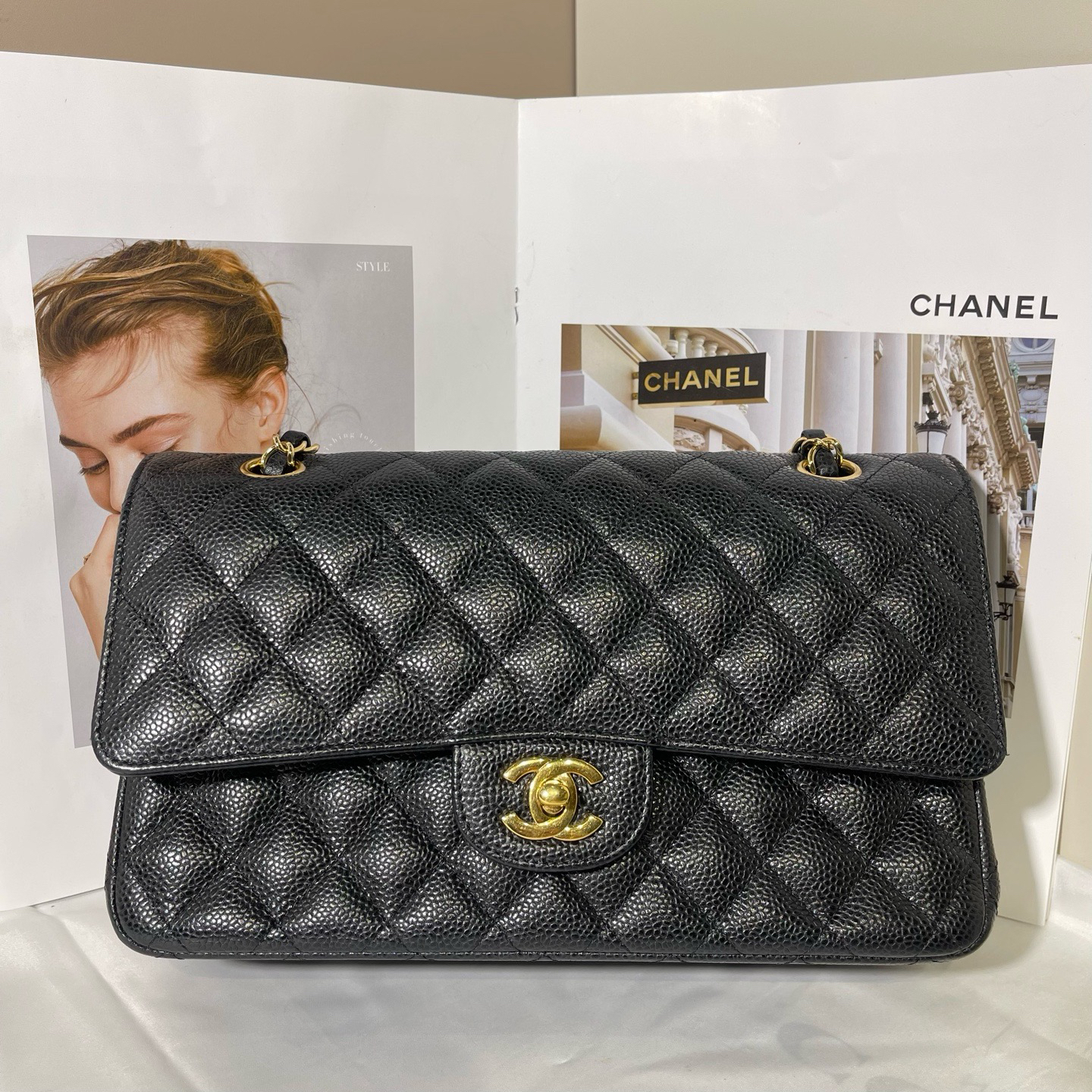 95新 Chanel/香奈儿 香奈儿CF中号28开黑金荔枝牛皮