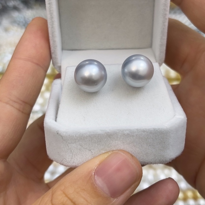 海水珍珠耳饰银S925镶嵌澳白素钉11-12mm