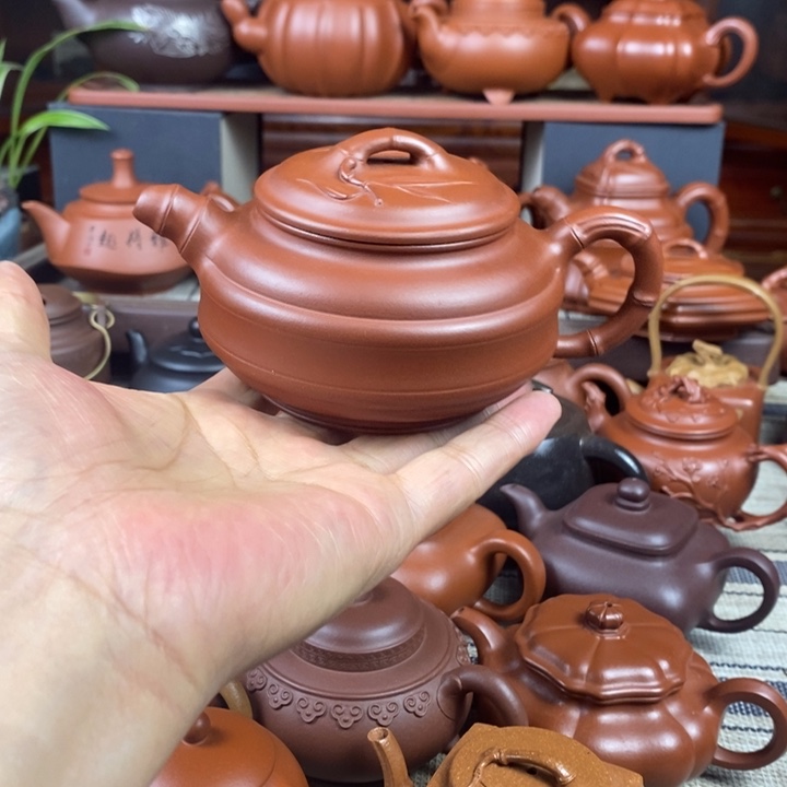 紫砂茶壶双线竹鼓260cc原矿老清水紫砂特价