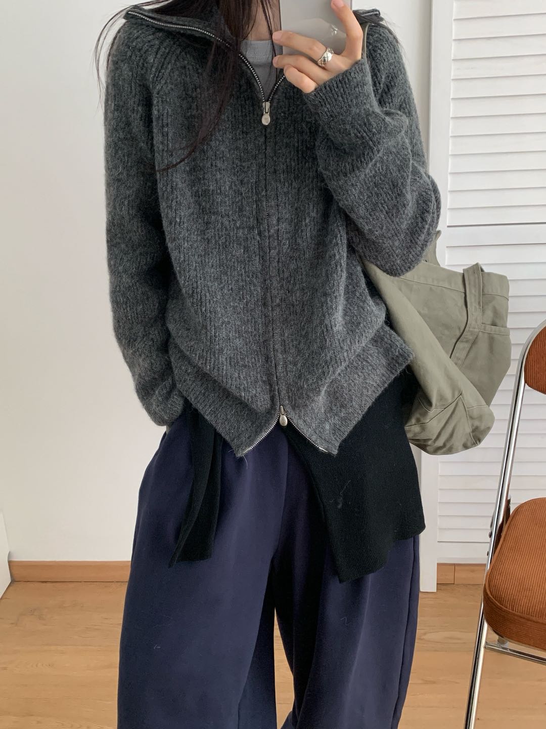 6811秋冬双拉链高领宽松慵懒风针织外套