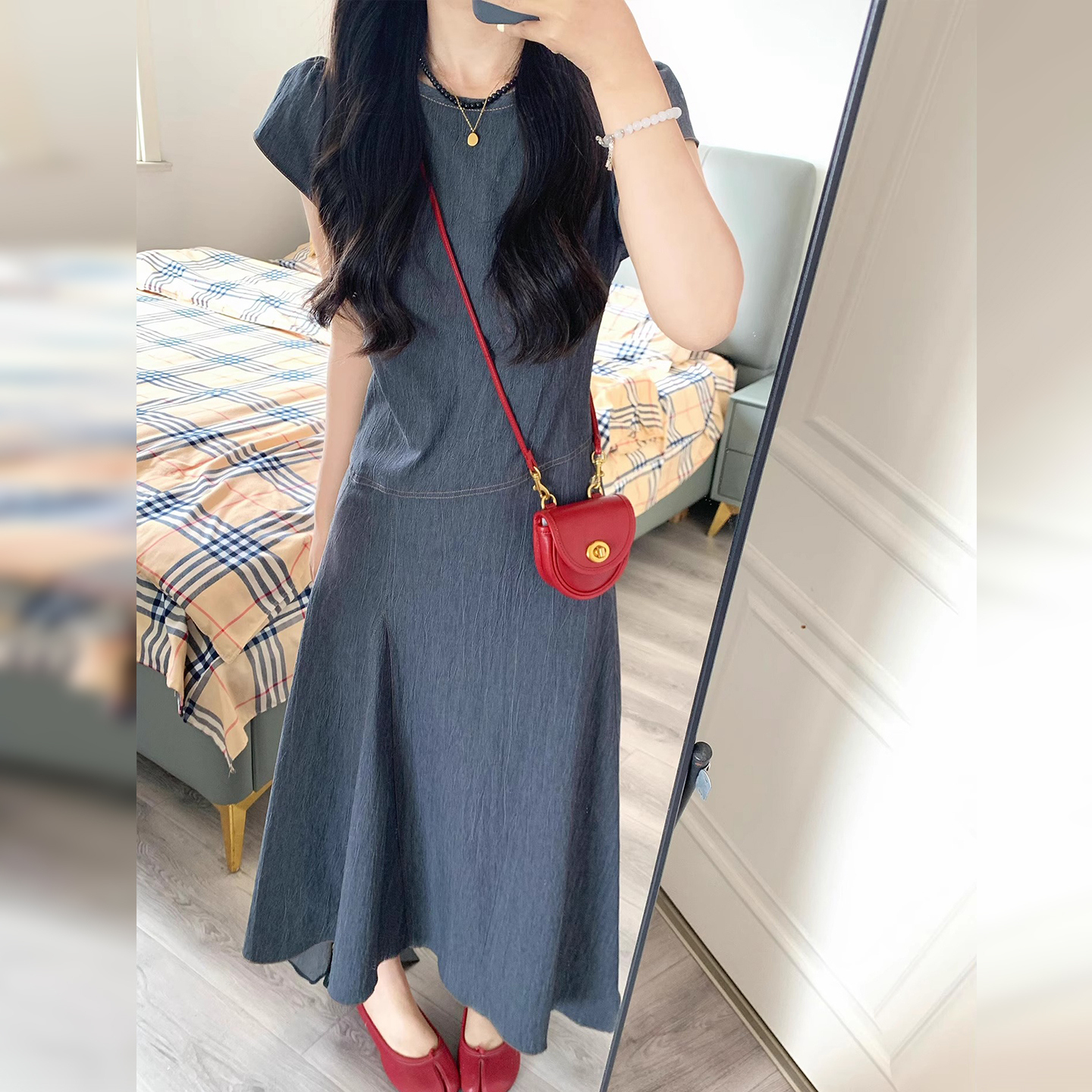 【现货+运补】法式灰色牛仔连衣裙女夏季气质收腰显瘦长裙5231