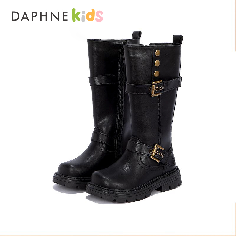 Daphne达芙妮女童靴子2025冬季新款时尚加绒长筒靴女宝宝保暖皮靴
