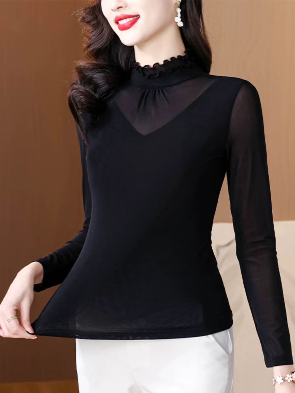 春秋女式时尚百搭修身显瘦半高领长袖纱纱蕾丝打底小衫