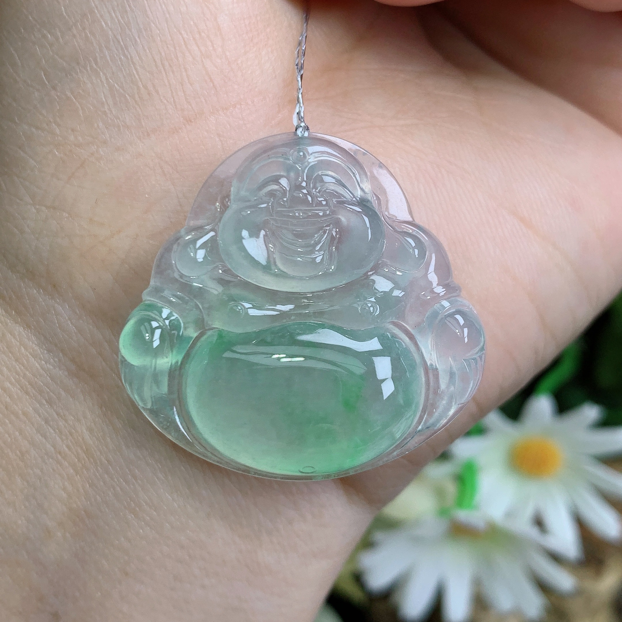 缅甸天然翡翠A货高冰起光飘阳绿佛公吊坠龙尺寸30.8/32.4/6.1mm