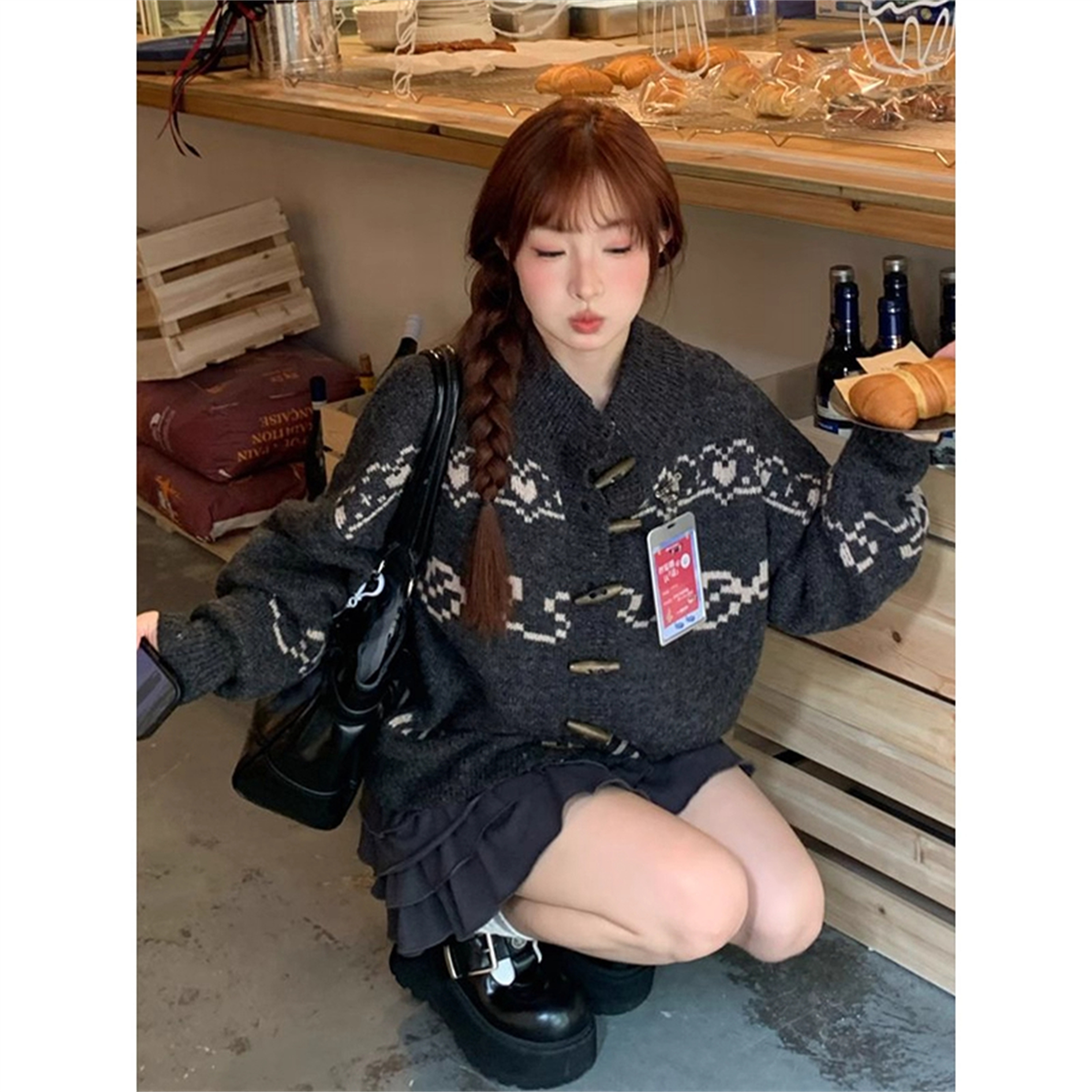 大码胖MM提花费尔岛复古毛衣女秋冬韩版宽松显瘦遮肚针织开衫外套