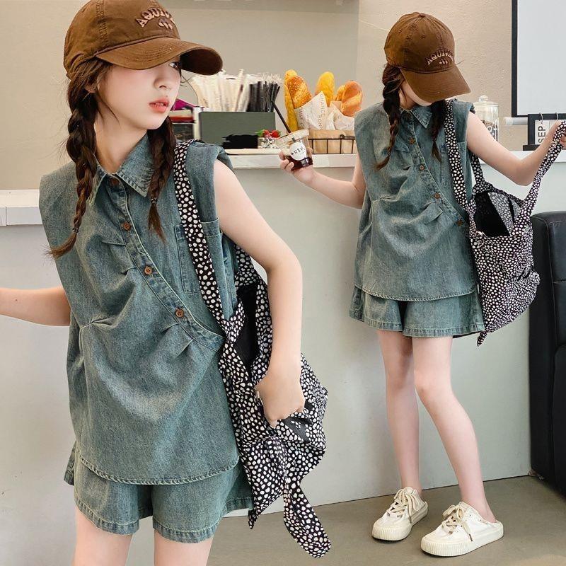 女童又a又飒牛仔套装夏季2025新款女孩洋气时尚牛仔短裤两件套薄