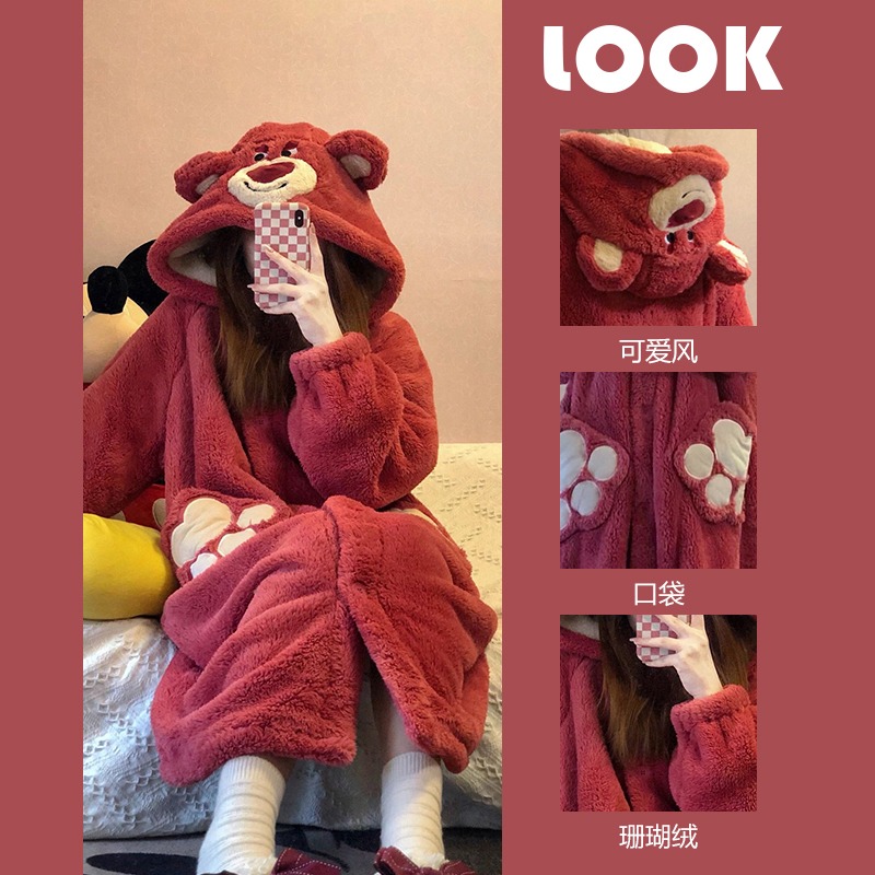 2025年新款草莓熊睡袍秋冬卡通可爱连帽加厚保温锁暖家居服睡袍