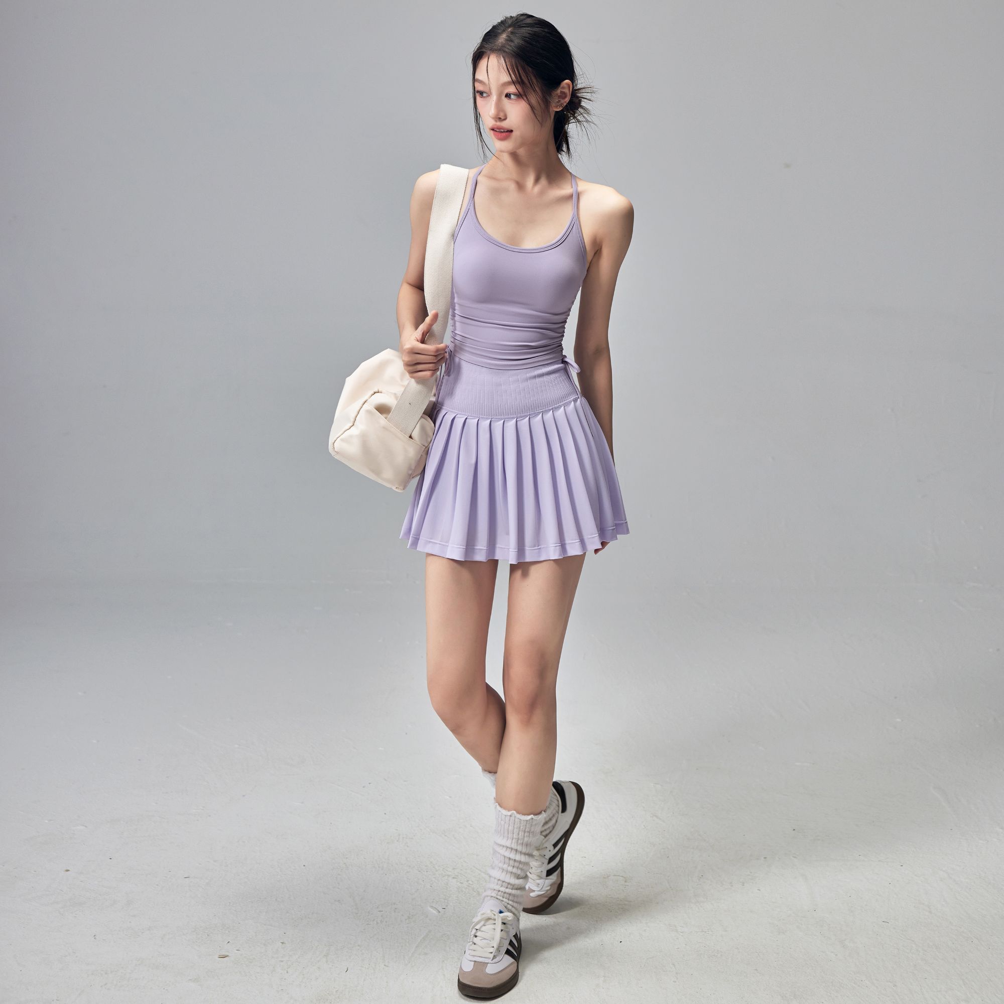 岚纹防走光运动短裙女高腰百褶网球裙户外跑步瑜伽半身裙两件套夏