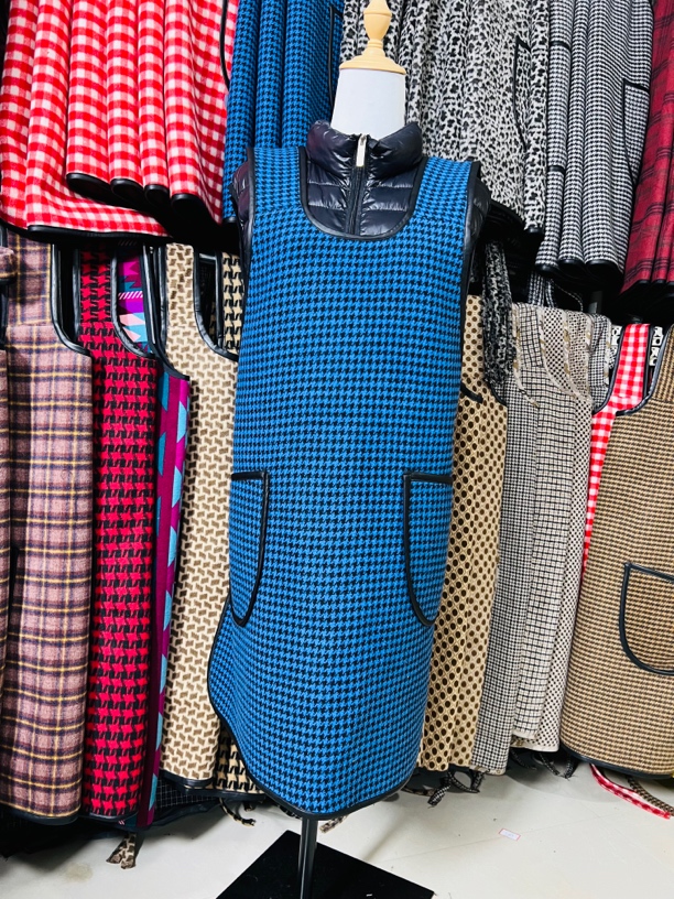 全新高货爆款深蓝黑色羊毛呢皮包边无袖围裙双层防水防污