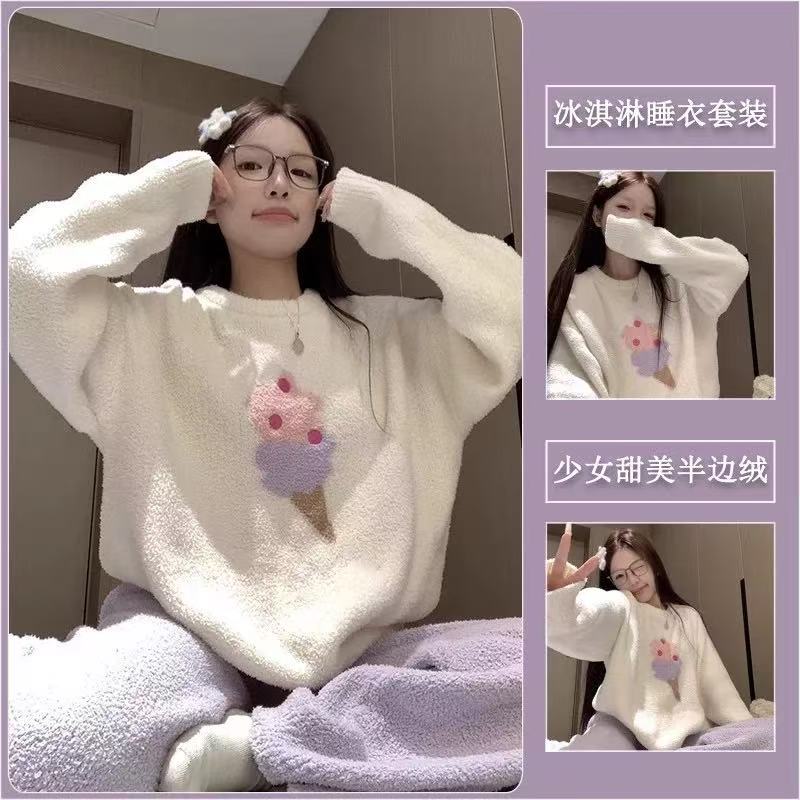 冬季半边绒睡衣女加绒保暖休闲可外穿家居服套装