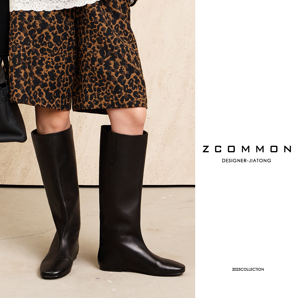 Z common【黑标系列~平底靴】羊皮黑色气质小方头长筒及膝靴2511207