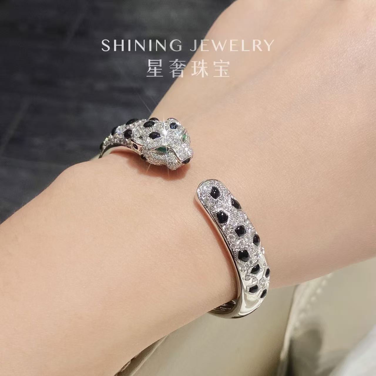 【星奢珠宝】18k金满钻豹子头手镯天然真钻时尚轻奢气质