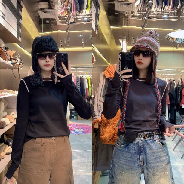 圆领肩部拼接设计