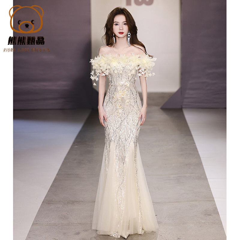 鱼尾晚礼服裙双12一字肩高端轻奢小众高定高级主持亮片年会晚宴yd