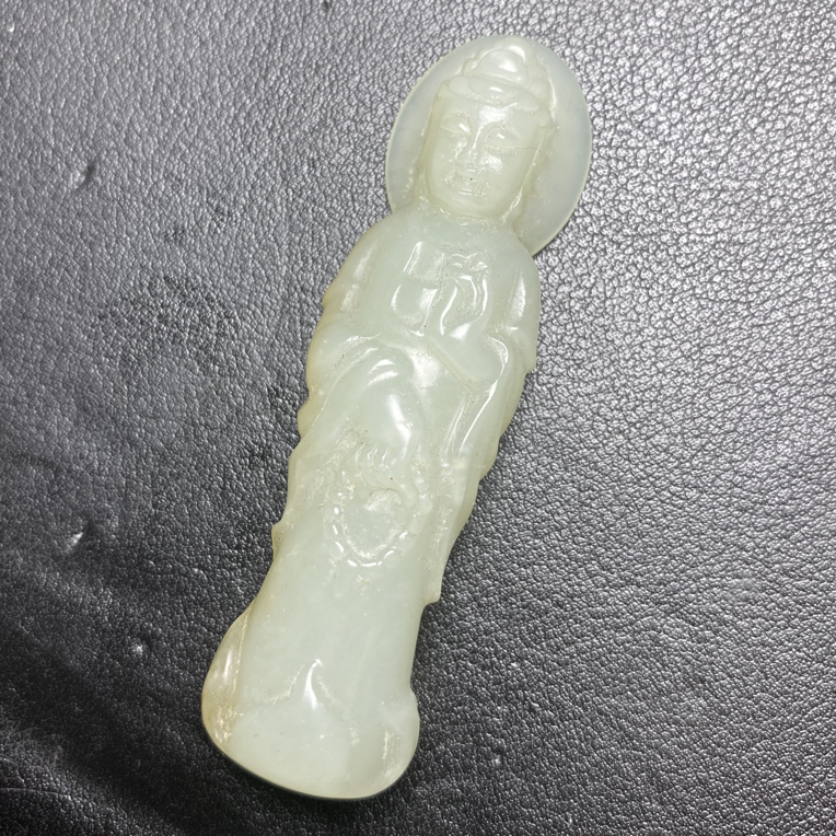 天然新疆和田玉站观音挂件吊坠老玉古玉手工雕刻时尚复古男女颈饰