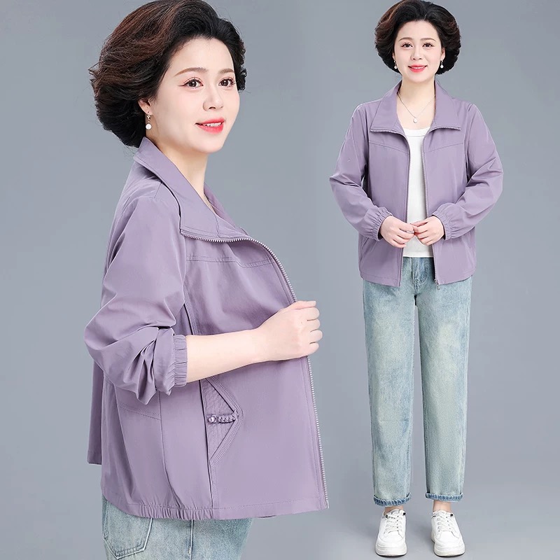 中老年妈妈纯色翻领外套女2025秋季时尚洋气百搭显瘦遮肉休闲上衣