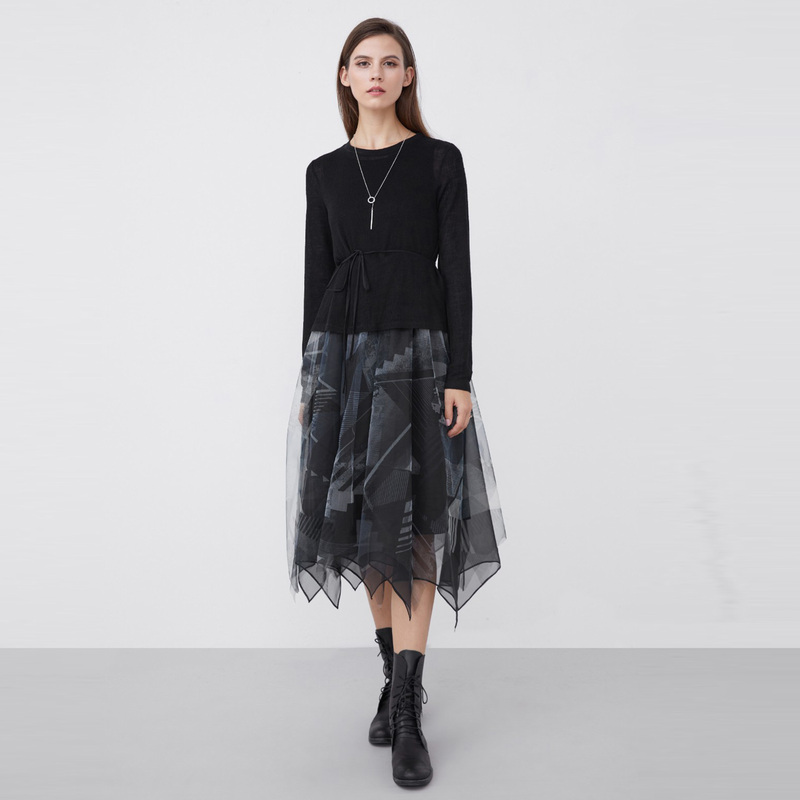 圣迪奥黑色长裙时尚气质网纱拼接女装连衣裙S213Z1229