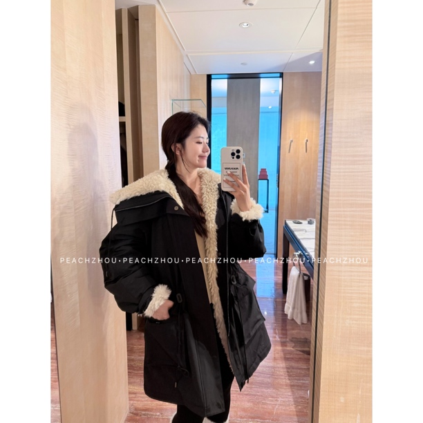 PEACHZHOU '非你莫属'毛毛大翻领系带收腰宽松中长款派克服外套