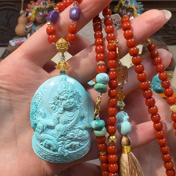 绿松石18K金镶嵌项链黄财神