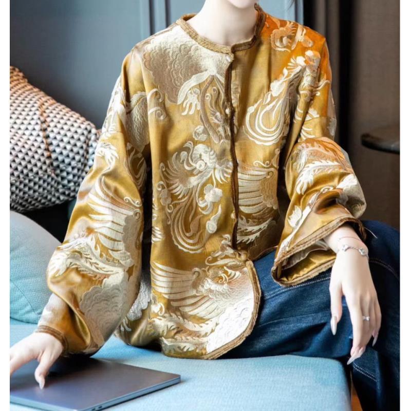 【金凤】秋季上新新款中式圆领提花宽松开襟2025C8070—小白玫瑰仓