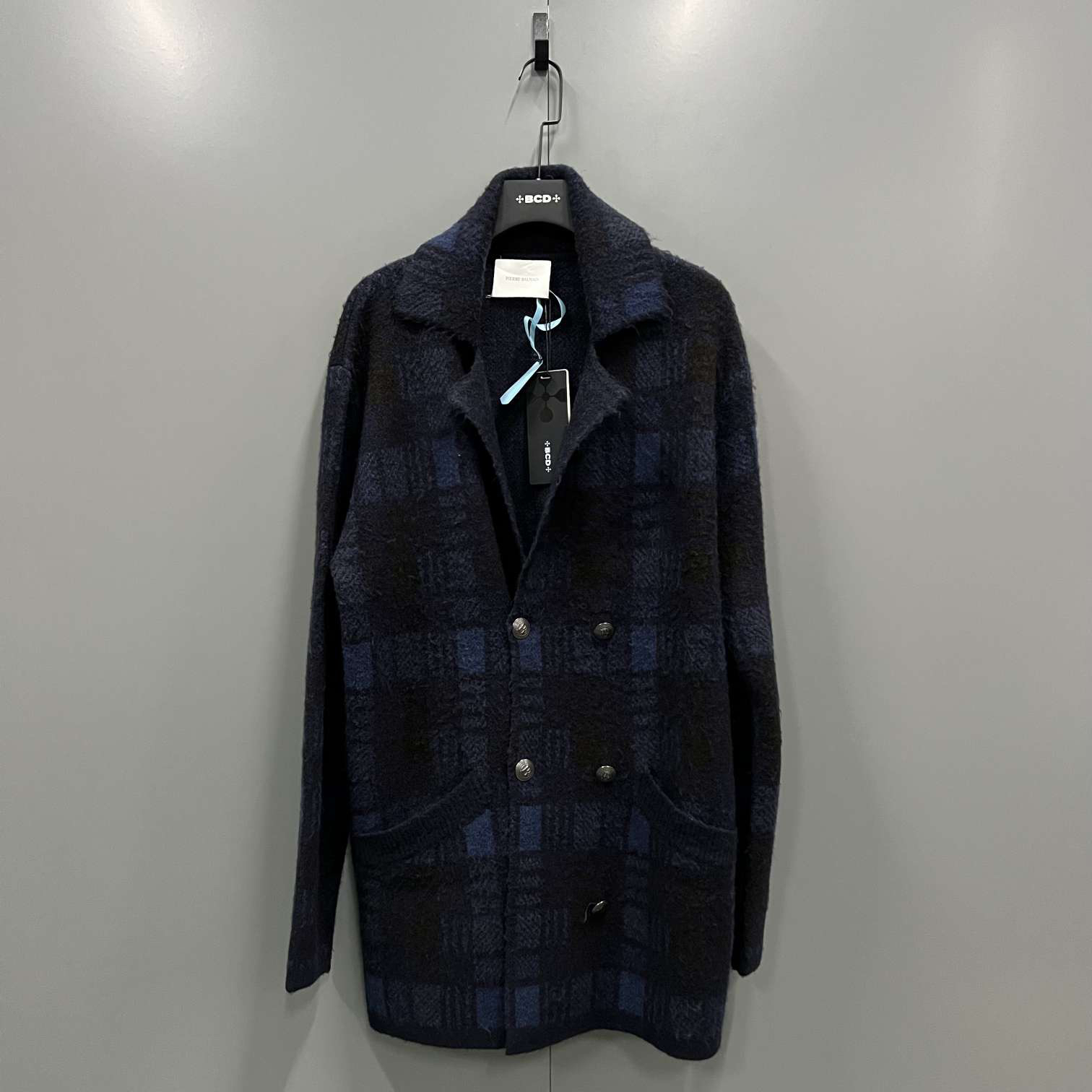 95新 BALMAIN/巴尔曼 （jp）222 黑篮格纹长款大衣 48码
