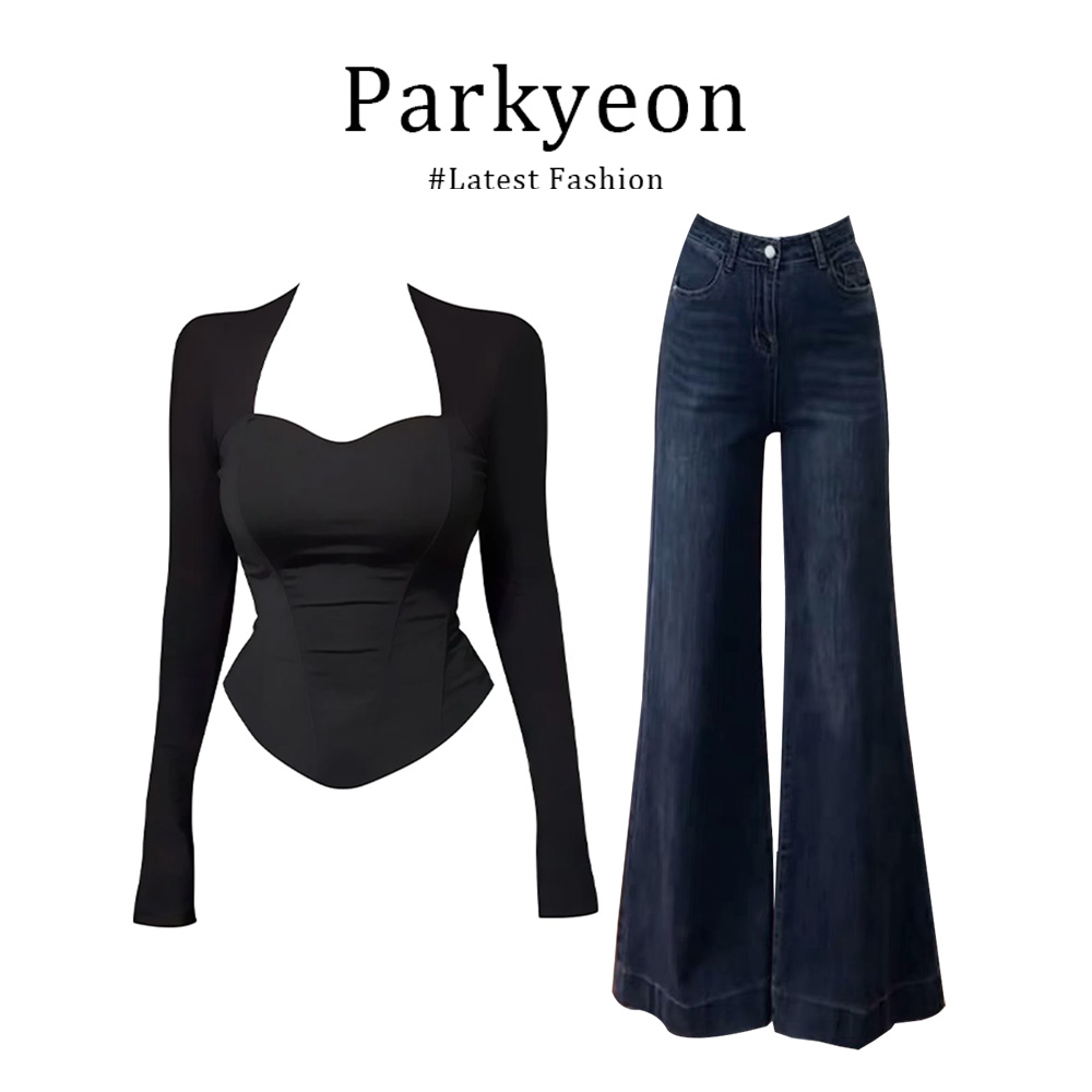 MARIE.COCO黑色鱼骨坎肩长袖显瘦辣妹上衣高腰修身微喇牛仔裤套装