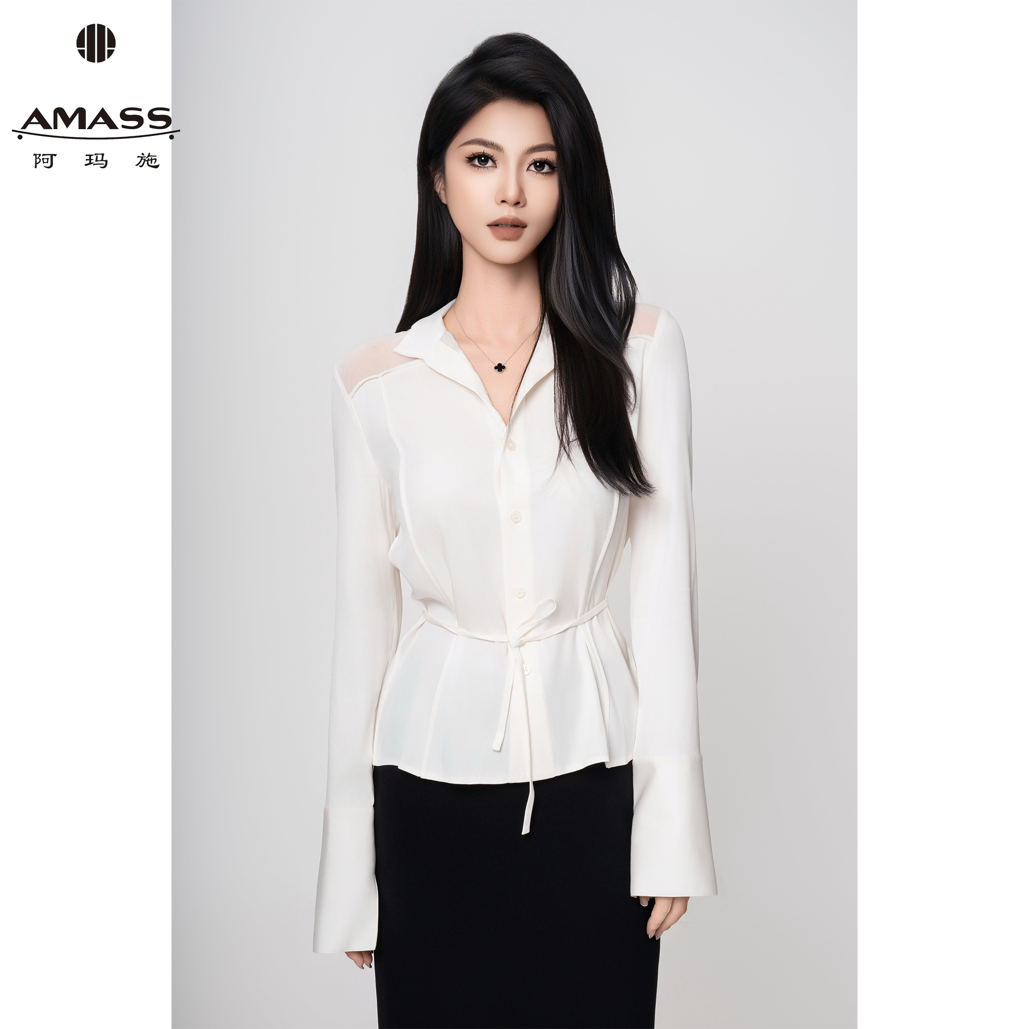 AMASS/阿玛施早秋新款时尚设计感法式复古系带领长袖衬衫 5301058