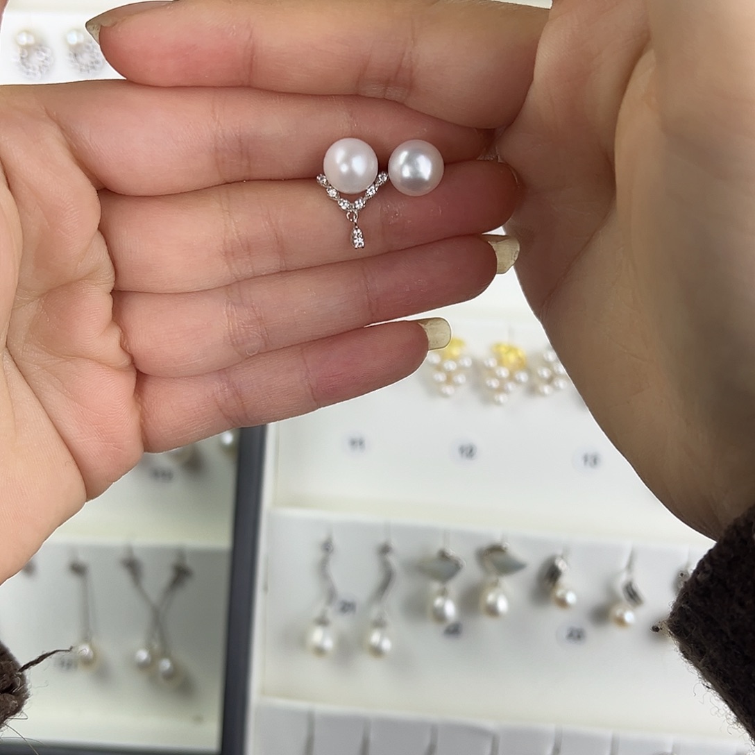 生***组淡水珍珠耳饰银S925镶嵌